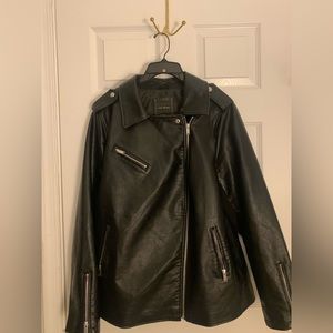 Black Leather Moto Jacket with Mixed Media Sleeves